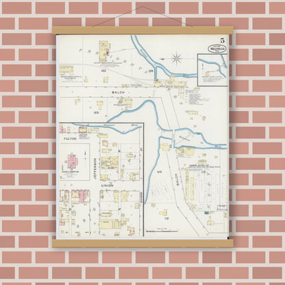Old map wall art mockup — magnetic wood frame on brick wall — Sanborn Fire Insurance Map from Waupaca, Waupaca County, Wisconsin (1891), Sheet #0005
