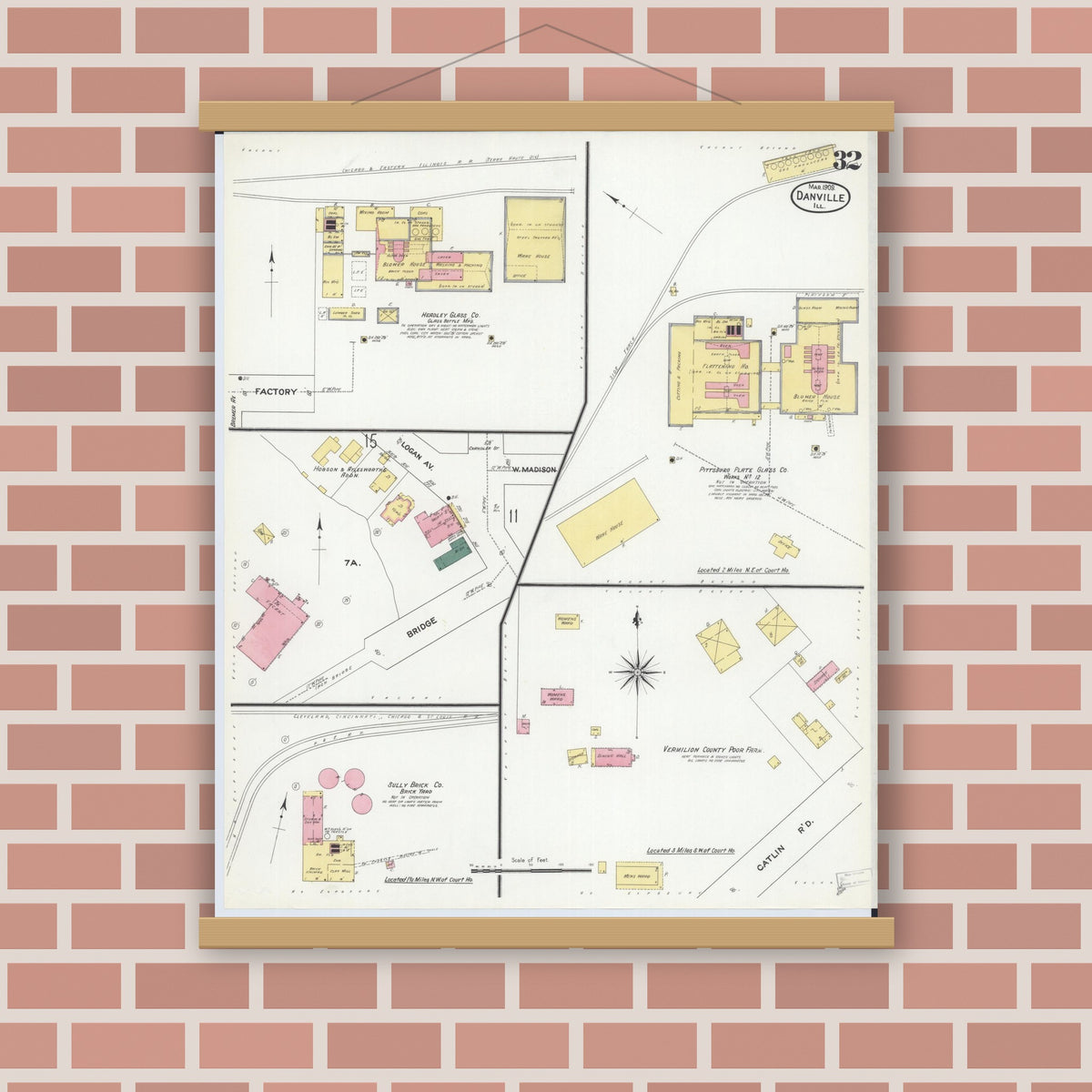 Old map wall art mockup — magnetic wood frame on brick wall — Sanborn Fire Insurance Map from Danville, Vermilion County, Illinois (1909), Sheet #0032