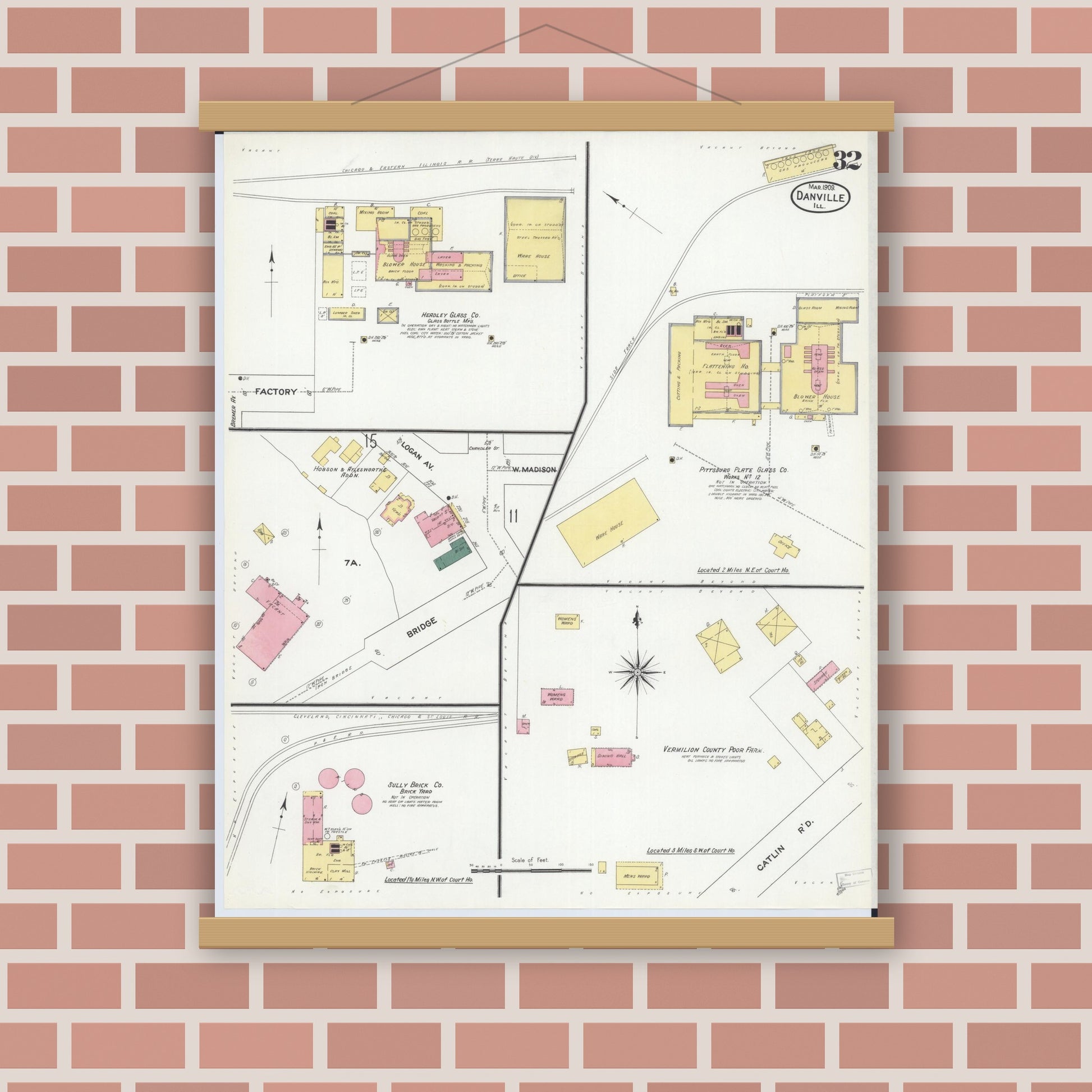 Old map wall art mockup — magnetic wood frame on brick wall — Sanborn Fire Insurance Map from Danville, Vermilion County, Illinois (1909), Sheet #0032
