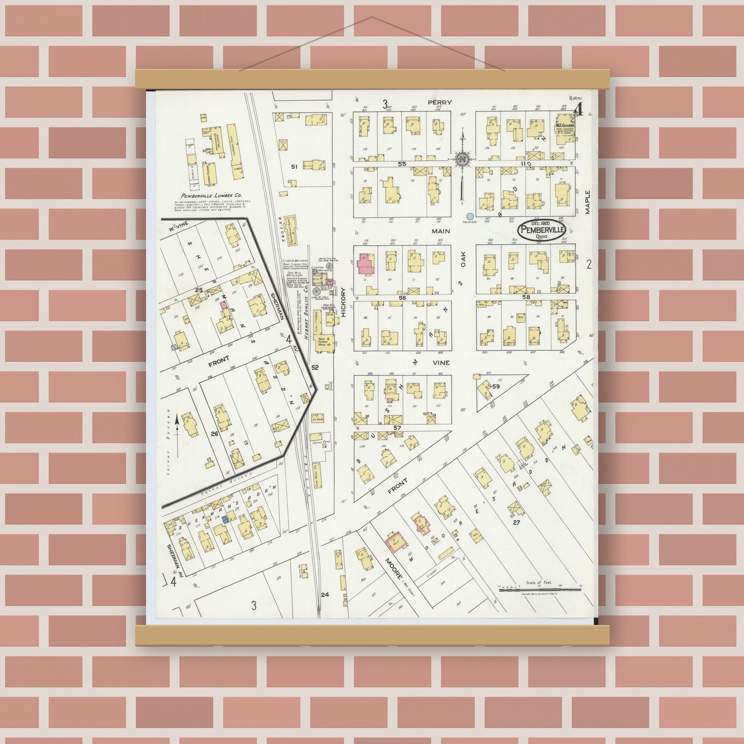 Old map wall art mockup — magnetic wood frame on brick wall — Sanborn Fire Insurance Map from Pemberville, Wood County, Ohio (1920), Sheet #0004