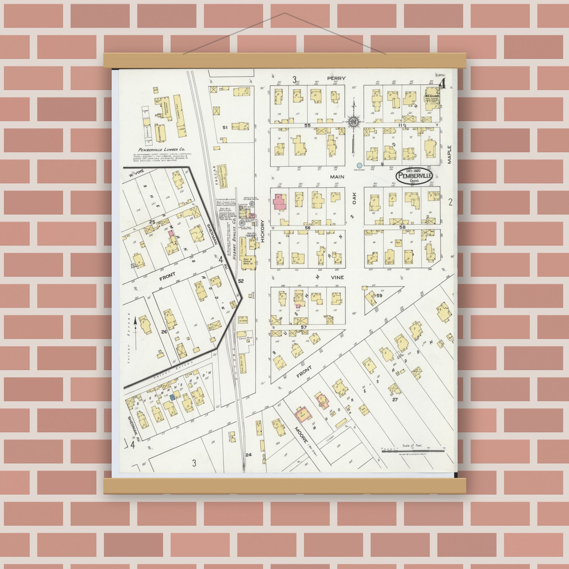 Old map wall art mockup — magnetic wood frame on brick wall — Sanborn Fire Insurance Map from Pemberville, Wood County, Ohio (1920), Sheet #0004