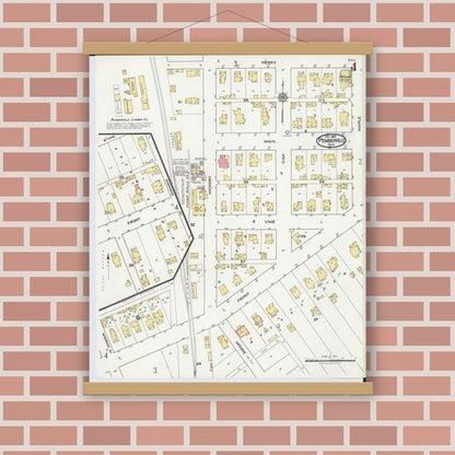 Old map wall art mockup — magnetic wood frame on brick wall — Sanborn Fire Insurance Map from Pemberville, Wood County, Ohio (1920), Sheet #0004