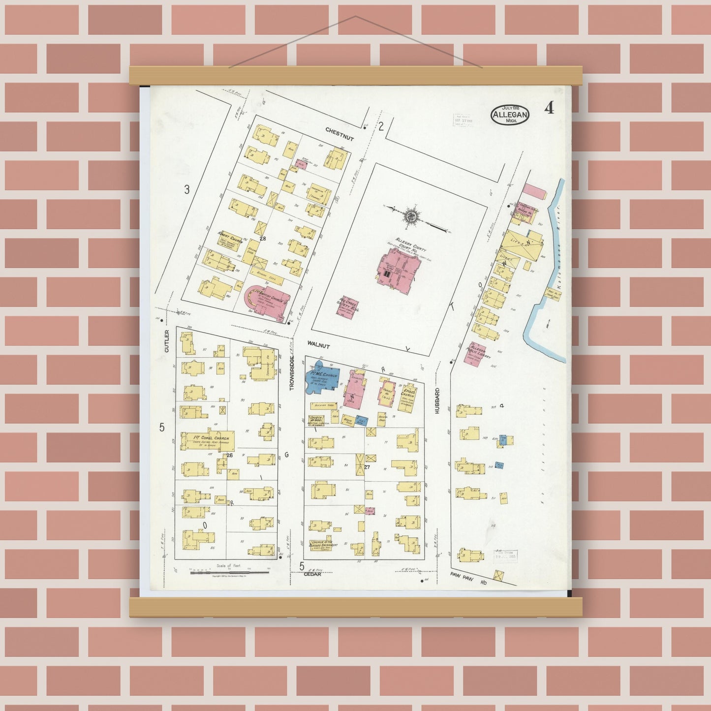 Old map wall art mockup — magnetic wood frame on brick wall — Sanborn Fire Insurance Map from Allegan, Allegan County, Michigan (1918), Sheet #0004