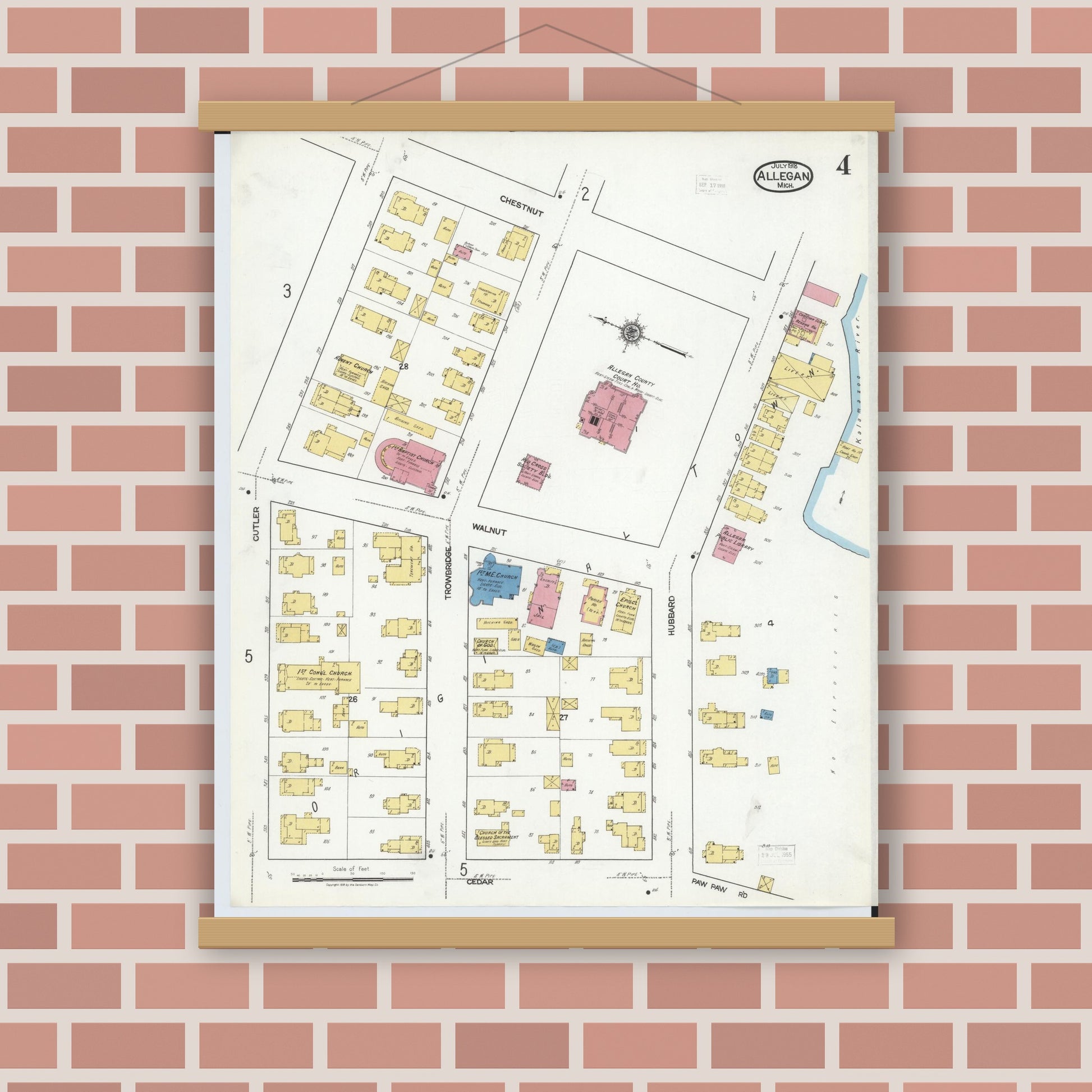 Old map wall art mockup — magnetic wood frame on brick wall — Sanborn Fire Insurance Map from Allegan, Allegan County, Michigan (1918), Sheet #0004