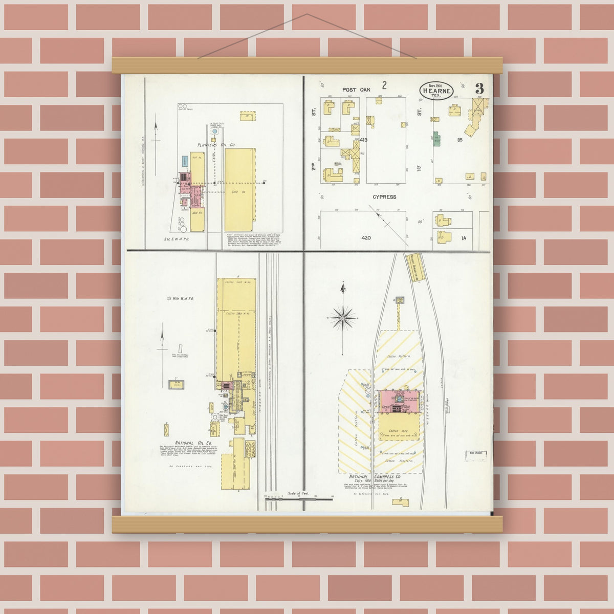 Old map wall art mockup — magnetic wood frame on brick wall — Sanborn Fire Insurance Map from Hearne, Robertson County, Texas (1901), Sheet #0003