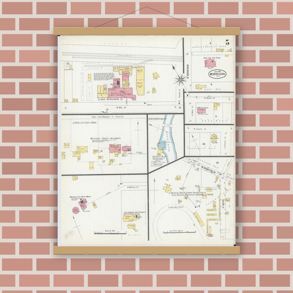 Old map wall art mockup — magnetic wood frame on brick wall — Sanborn Fire Insurance Map from Morrison, Whiteside County, Illinois (1903), Sheet #0005