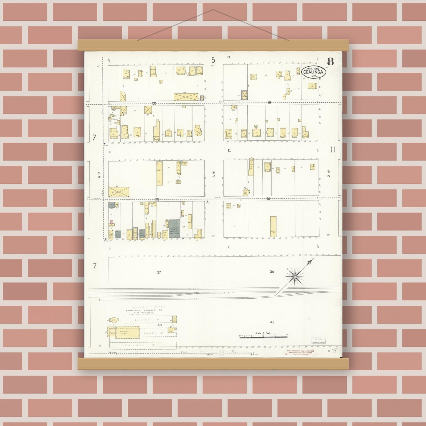 Old map wall art mockup — magnetic wood frame on brick wall — Sanborn Fire Insurance Map from Coalinga, Fresno County, California (1909), Sheet #0008