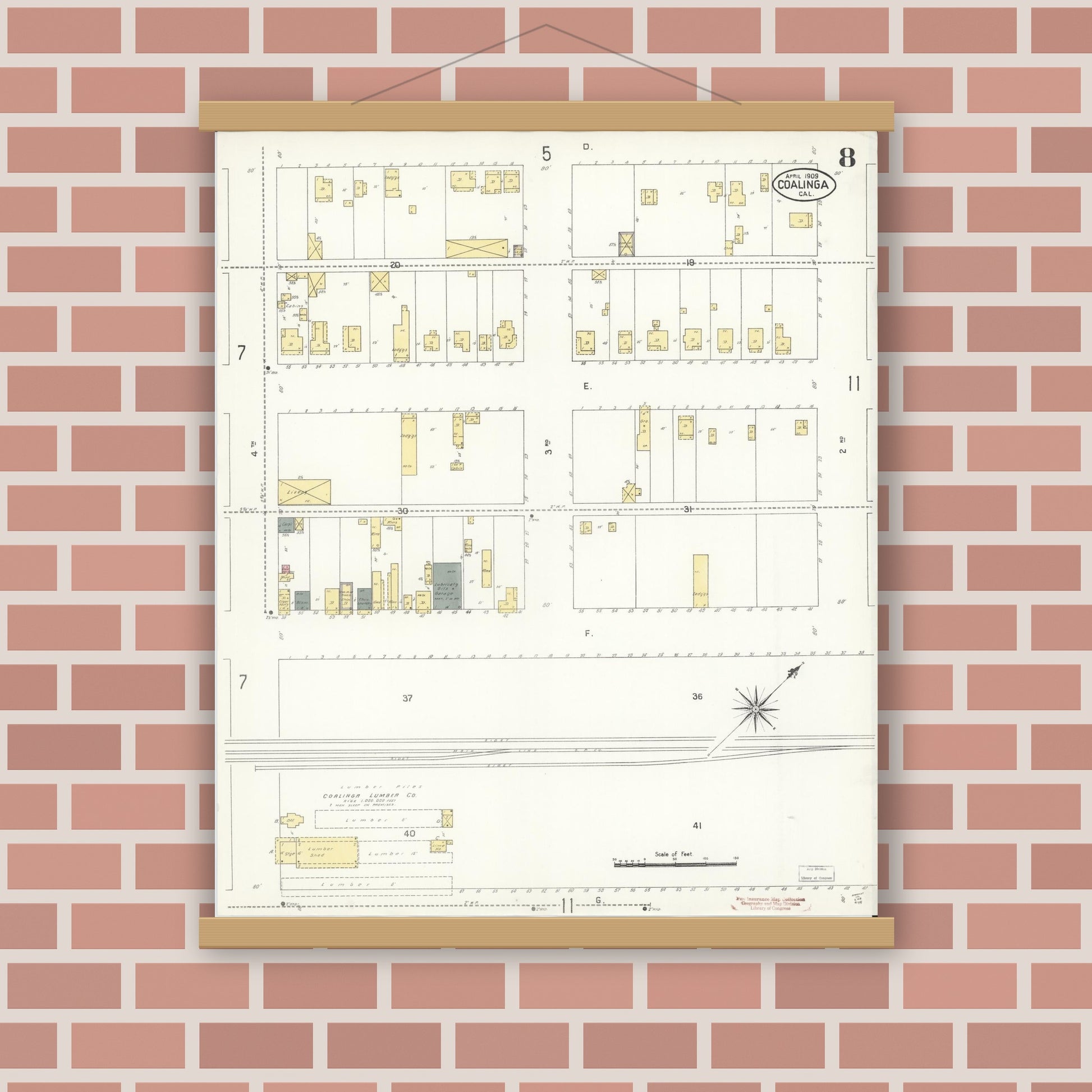 Old map wall art mockup — magnetic wood frame on brick wall — Sanborn Fire Insurance Map from Coalinga, Fresno County, California (1909), Sheet #0008