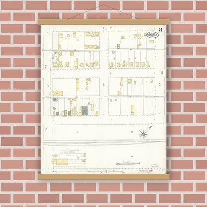 Old map wall art mockup — magnetic wood frame on brick wall — Sanborn Fire Insurance Map from Coalinga, Fresno County, California (1909), Sheet #0008