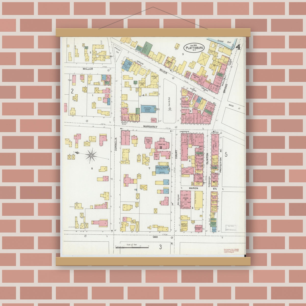 Old map wall art mockup — magnetic wood frame on brick wall — Sanborn Fire Insurance Map from Plattsburg, Clinton County, New York (1902), Sheet #0004