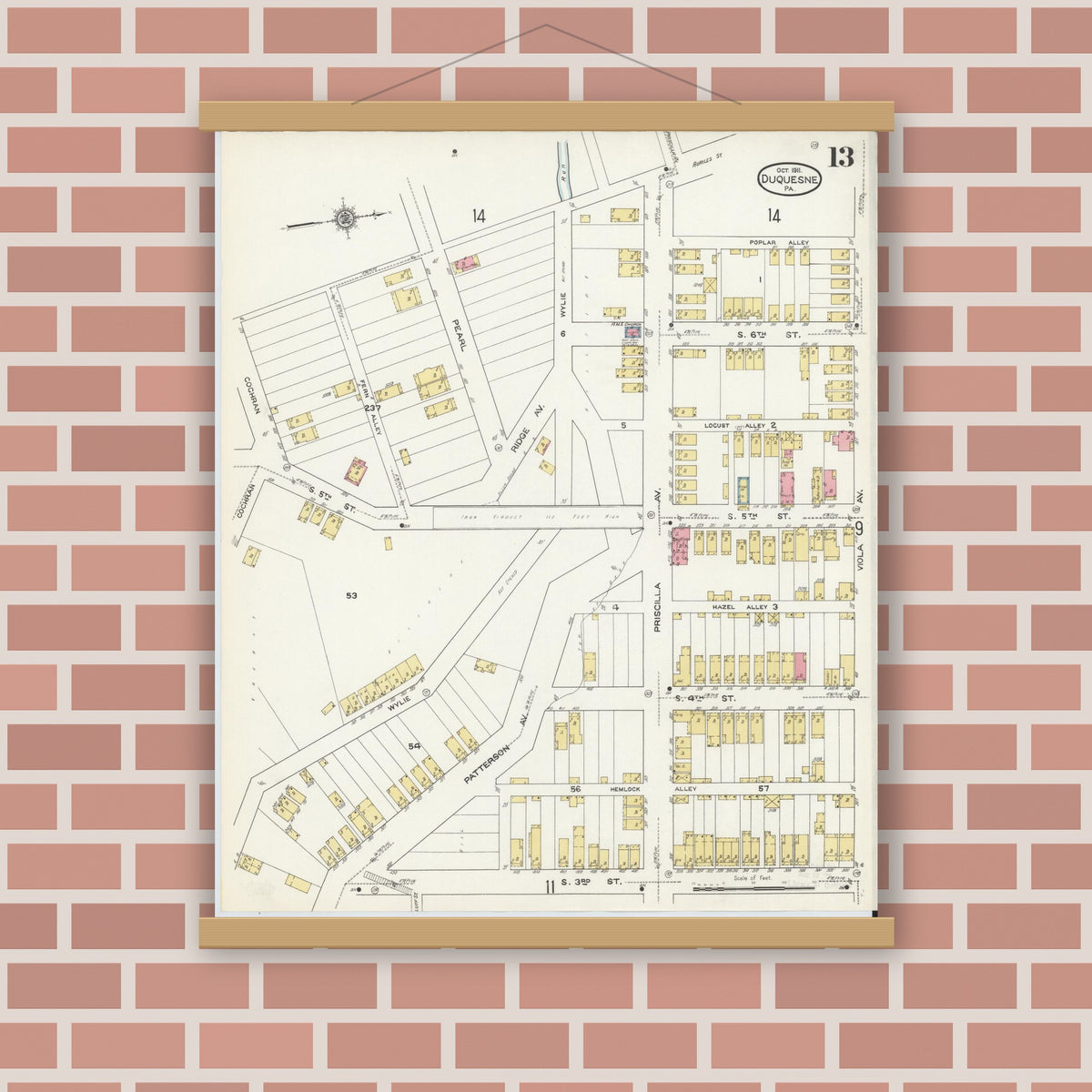 Old map wall art mockup — magnetic wood frame on brick wall — Sanborn Fire Insurance Map from Duquesne, Allegheny County, Pennsylvania (1911), Sheet #0013