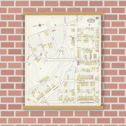 Old map wall art mockup — magnetic wood frame on brick wall — Sanborn Fire Insurance Map from Duquesne, Allegheny County, Pennsylvania (1911), Sheet #0013