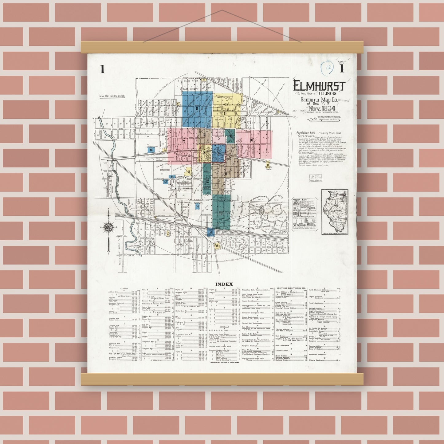 Old map wall art mockup — magnetic wood frame on brick wall — Sanborn Fire Insurance Map from Elmhurst, Du Page County, Illinois (1924) - Complete Map Set