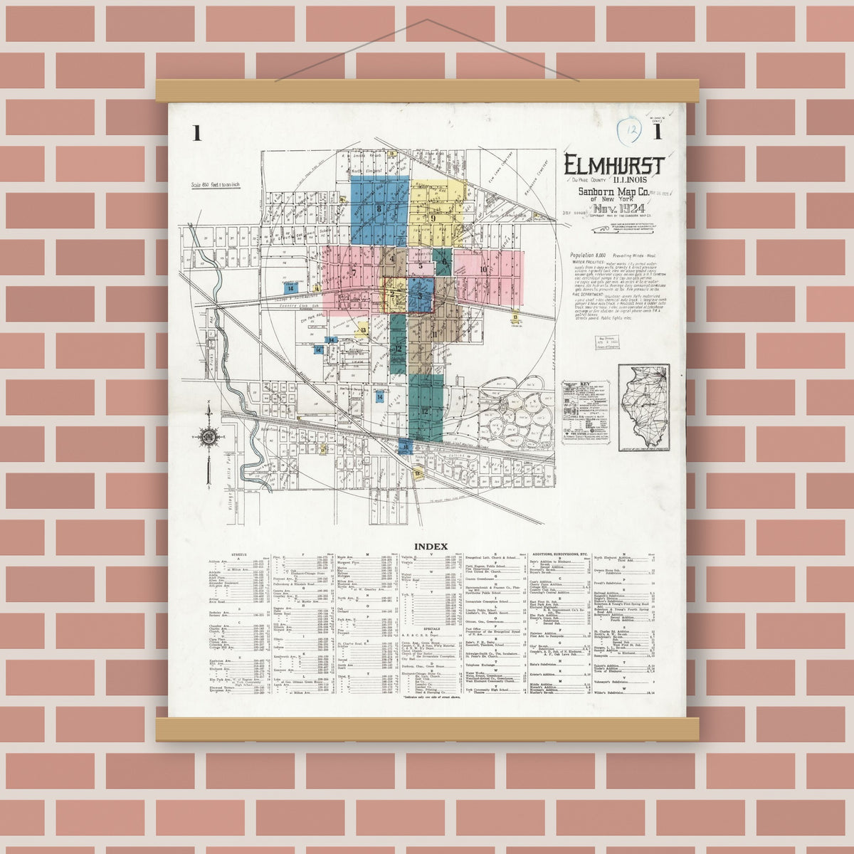 Old map wall art mockup — magnetic wood frame on brick wall — Sanborn Fire Insurance Map from Elmhurst, Du Page County, Illinois (1924) - Complete Map Set