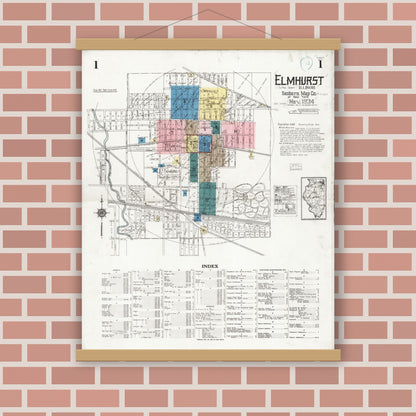 Old map wall art mockup — magnetic wood frame on brick wall — Sanborn Fire Insurance Map from Elmhurst, Du Page County, Illinois (1924) - Complete Map Set