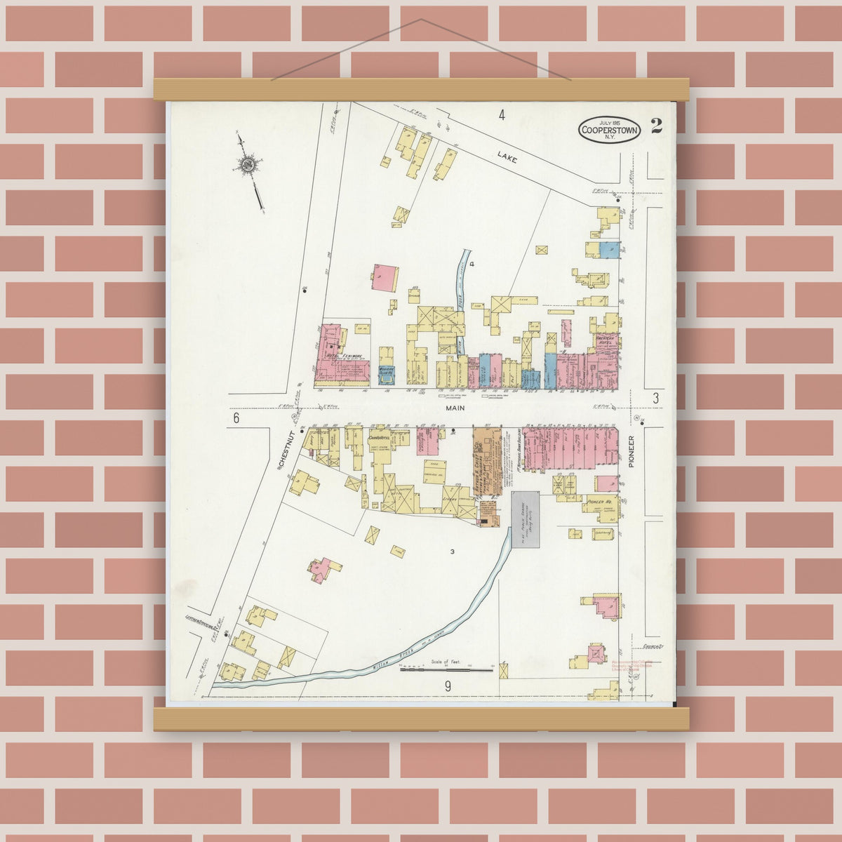 Old map wall art mockup — magnetic wood frame on brick wall — Sanborn Fire Insurance Map from Cooperstown, Otsego County, New York (1915) - Complete Map Set
