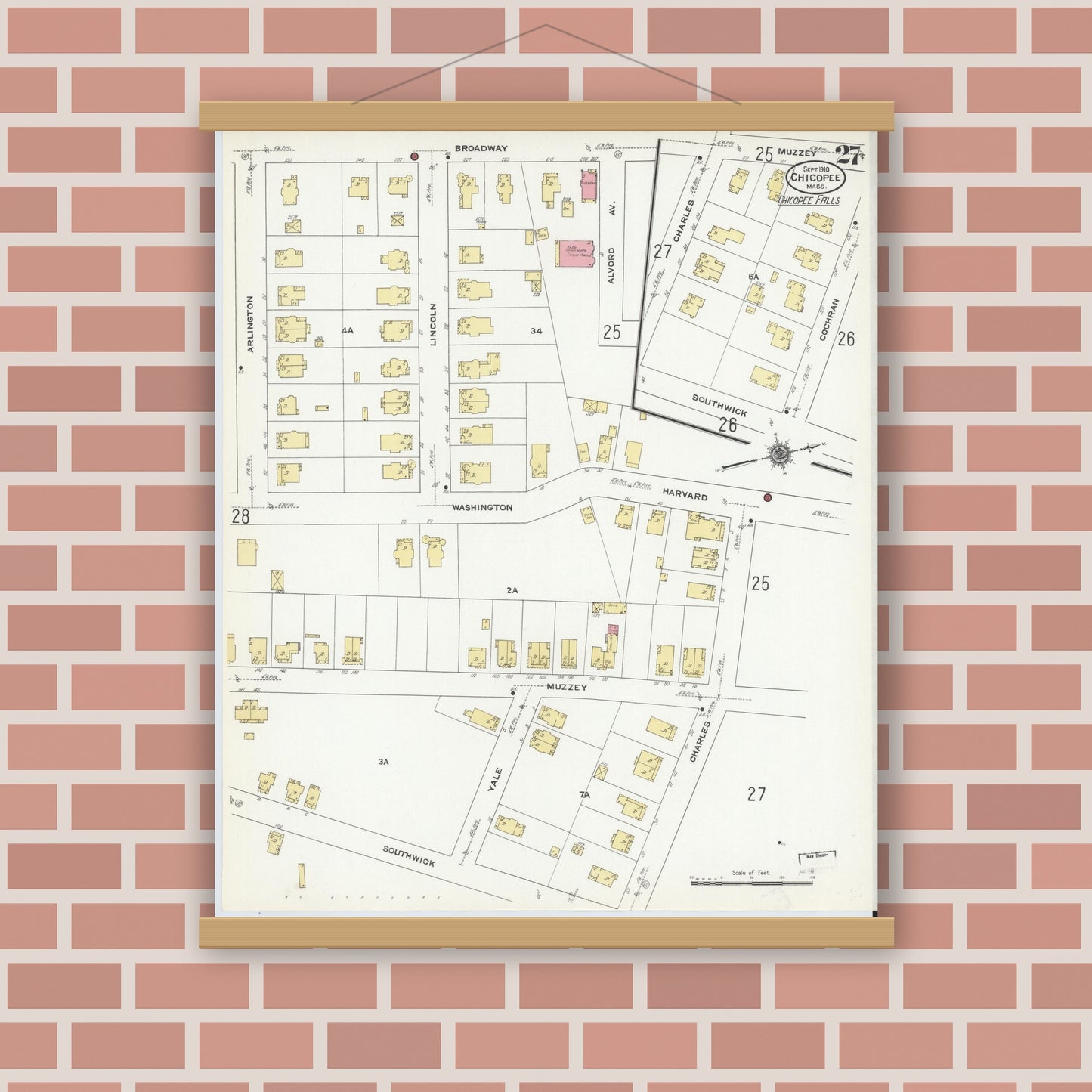 Old map wall art mockup — magnetic wood frame on brick wall — Sanborn Fire Insurance Map from Chicopee, Hampden County, Massachusetts (1910), Sheet #0027