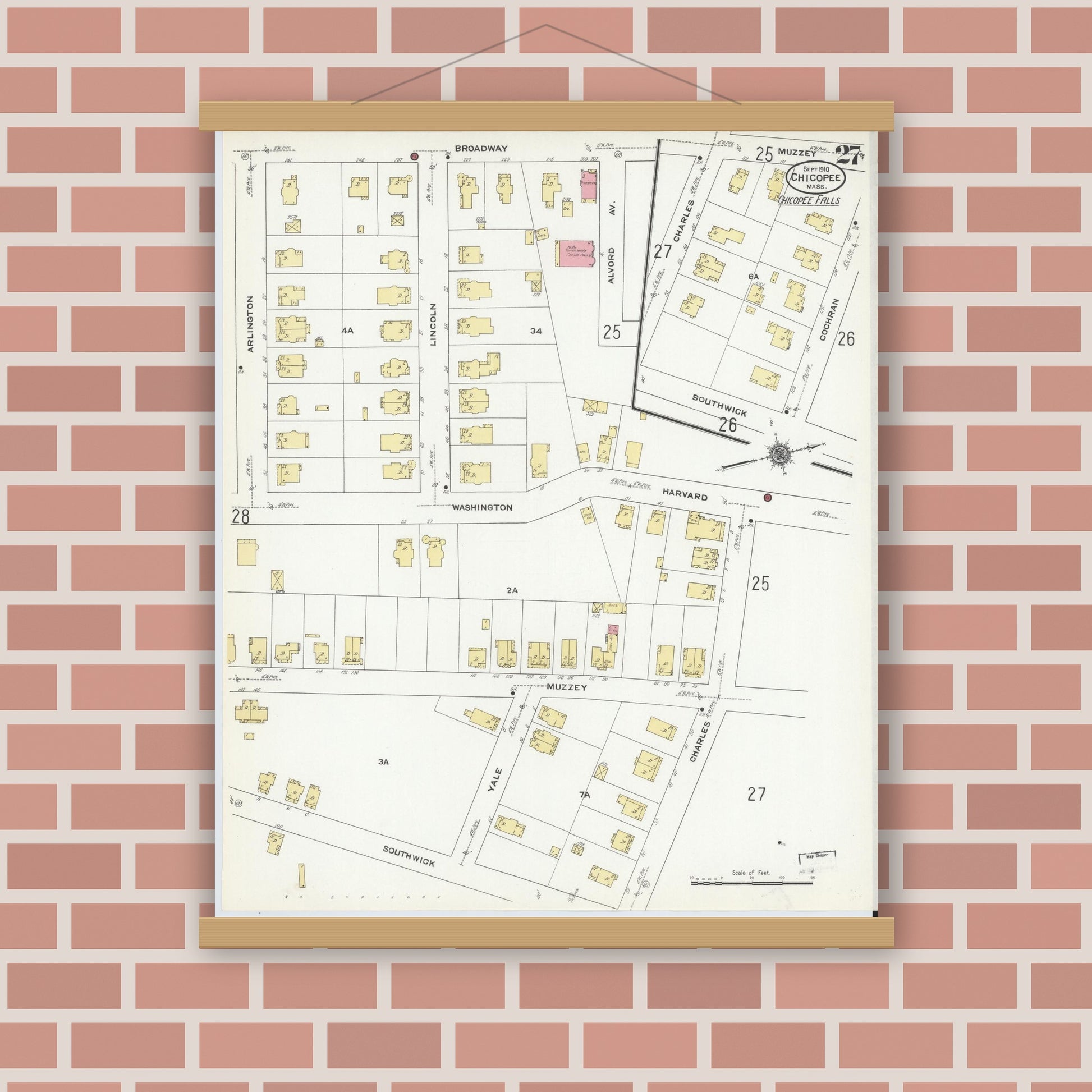 Old map wall art mockup — magnetic wood frame on brick wall — Sanborn Fire Insurance Map from Chicopee, Hampden County, Massachusetts (1910), Sheet #0027