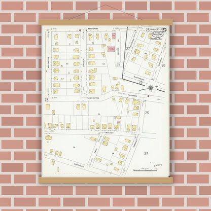 Old map wall art mockup — magnetic wood frame on brick wall — Sanborn Fire Insurance Map from Chicopee, Hampden County, Massachusetts (1910), Sheet #0027