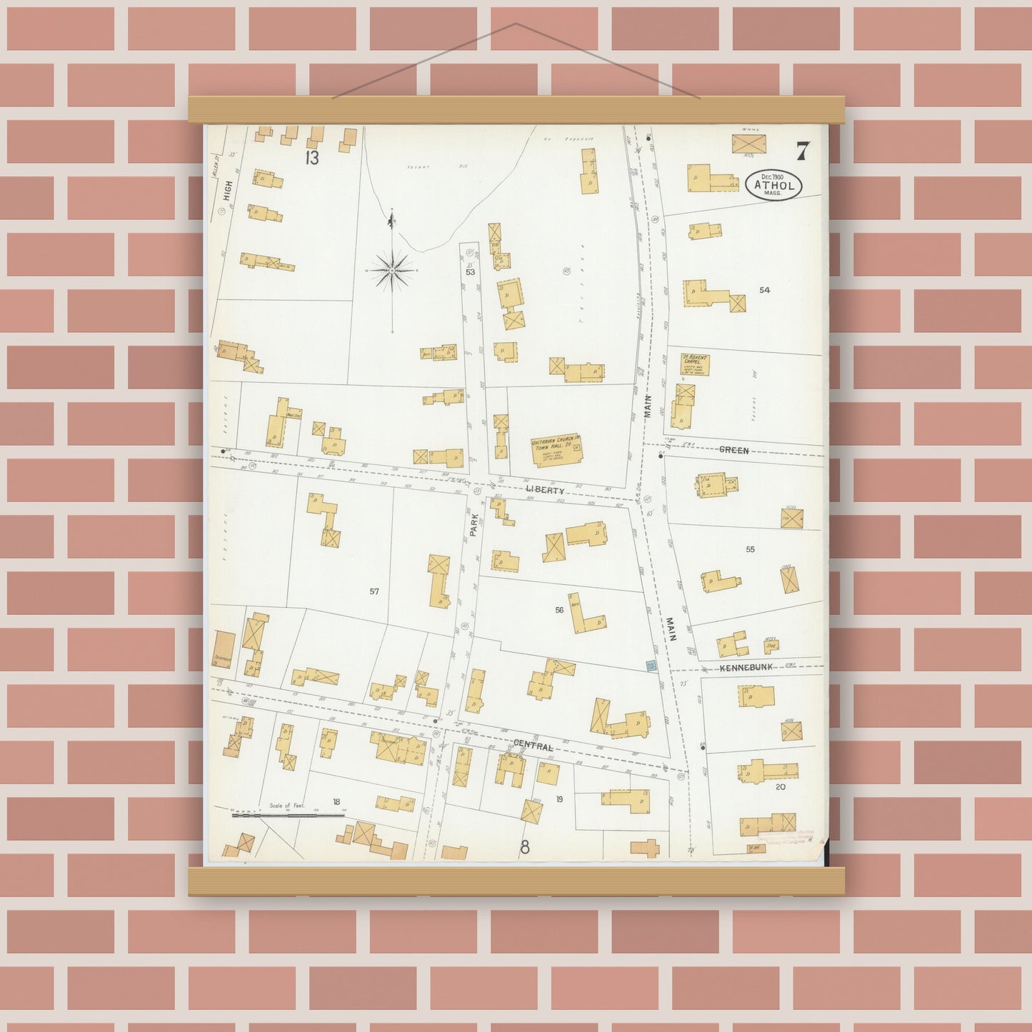 Old map wall art mockup — magnetic wood frame on brick wall — Sanborn Fire Insurance Map from Athol, Worcester County, Massachusetts (1900), Sheet #0007