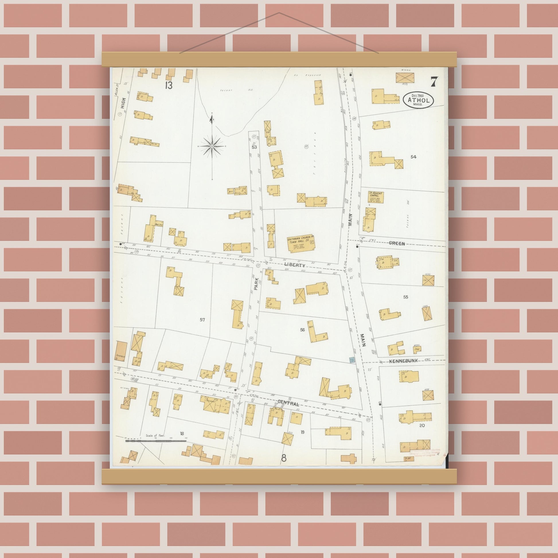 Old map wall art mockup — magnetic wood frame on brick wall — Sanborn Fire Insurance Map from Athol, Worcester County, Massachusetts (1900), Sheet #0007