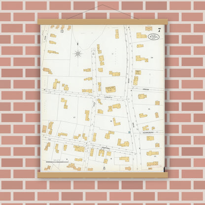 Old map wall art mockup — magnetic wood frame on brick wall — Sanborn Fire Insurance Map from Athol, Worcester County, Massachusetts (1900), Sheet #0007