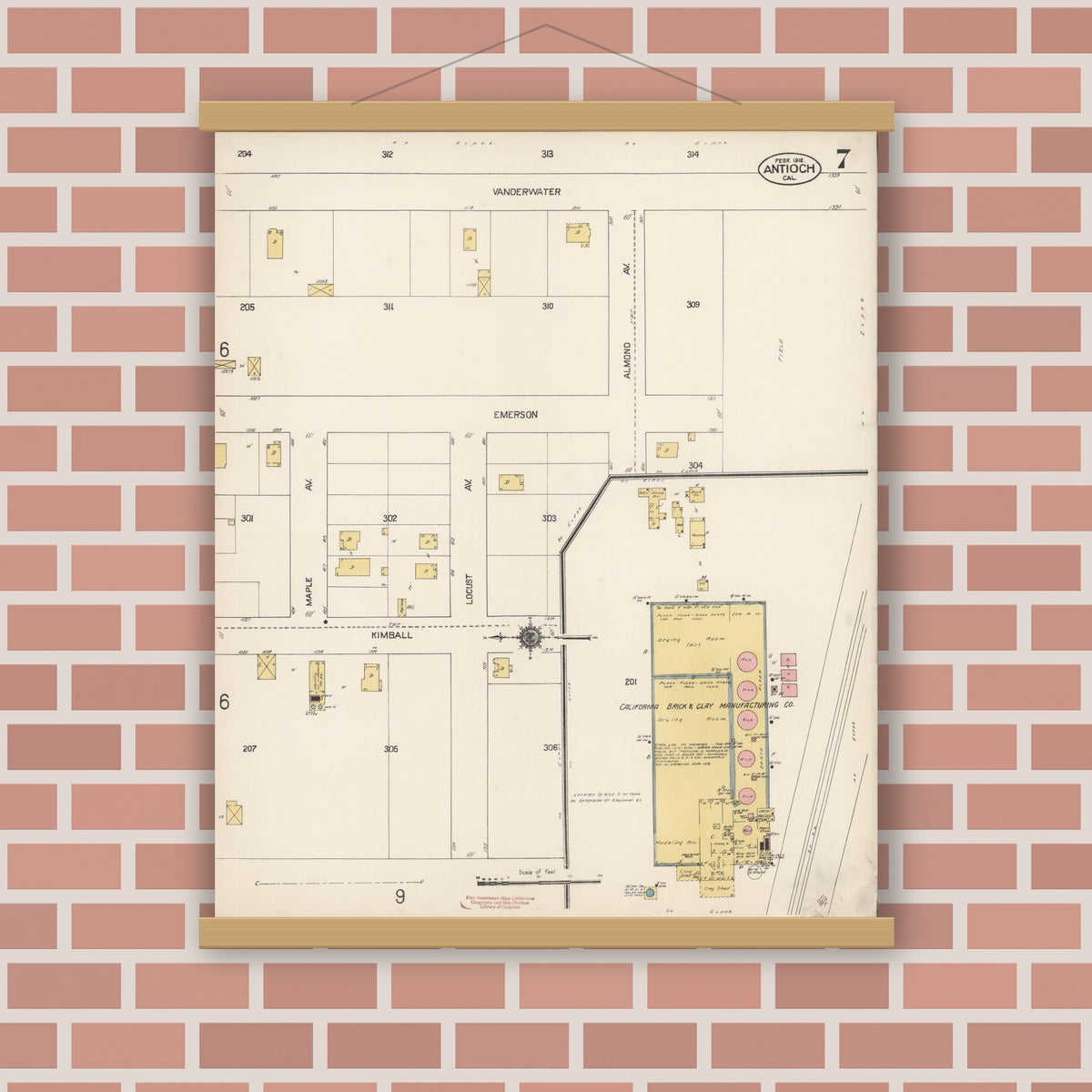 Old map wall art mockup — magnetic wood frame on brick wall — Sanborn Fire Insurance Map from Antioch, Contra Costa County, California (1912), Sheet #0007