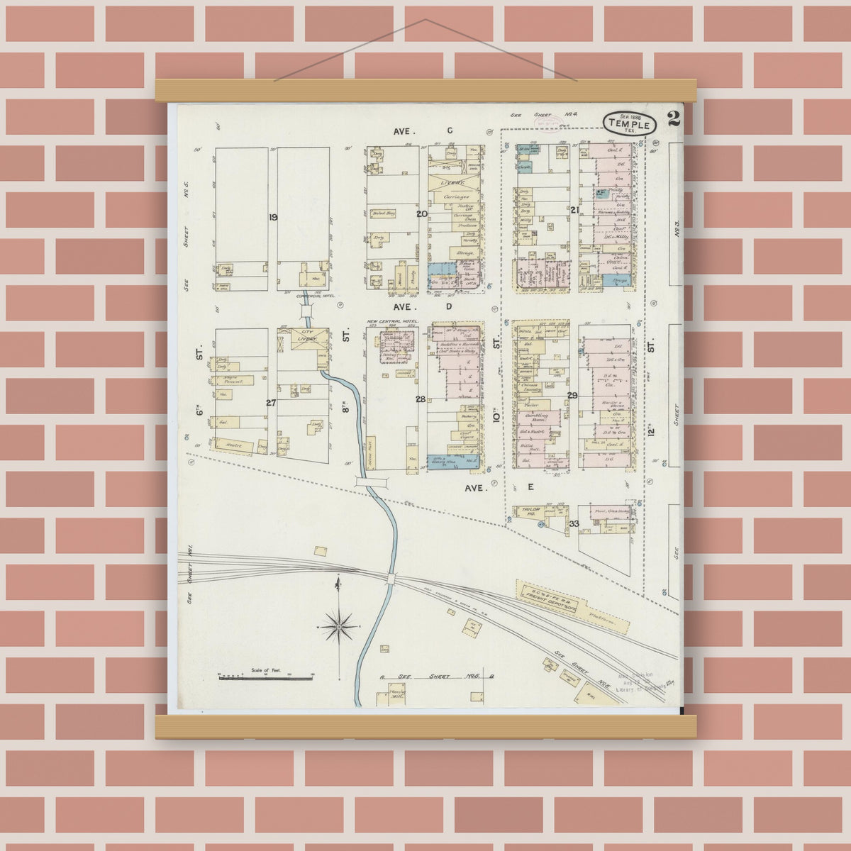 Old map wall art mockup — magnetic wood frame on brick wall — Sanborn Fire Insurance Map from Temple, Bell County, Texas (1888), Sheet #0002