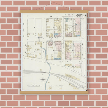 Old map wall art mockup — magnetic wood frame on brick wall — Sanborn Fire Insurance Map from Temple, Bell County, Texas (1888), Sheet #0002