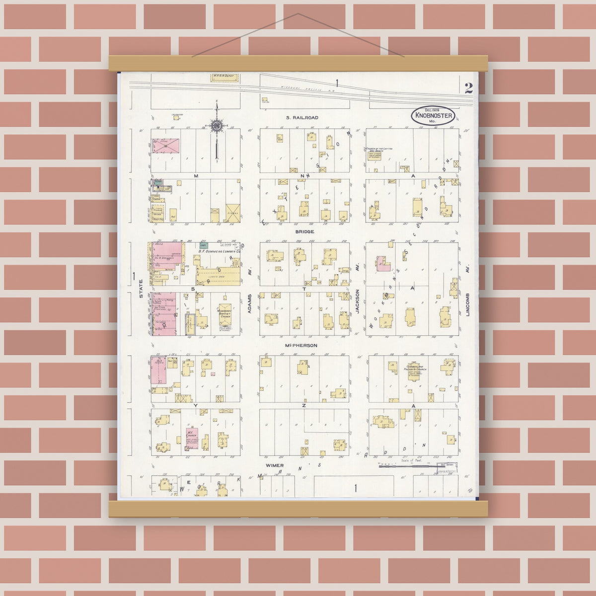 Old map wall art mockup — magnetic wood frame on brick wall — Sanborn Fire Insurance Map from Knobnoster, Johnson County, Missouri (1909), Sheet #0002