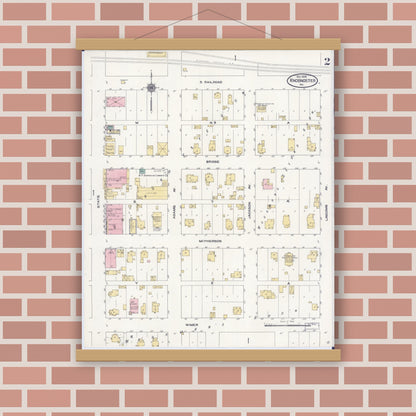 Old map wall art mockup — magnetic wood frame on brick wall — Sanborn Fire Insurance Map from Knobnoster, Johnson County, Missouri (1909), Sheet #0002