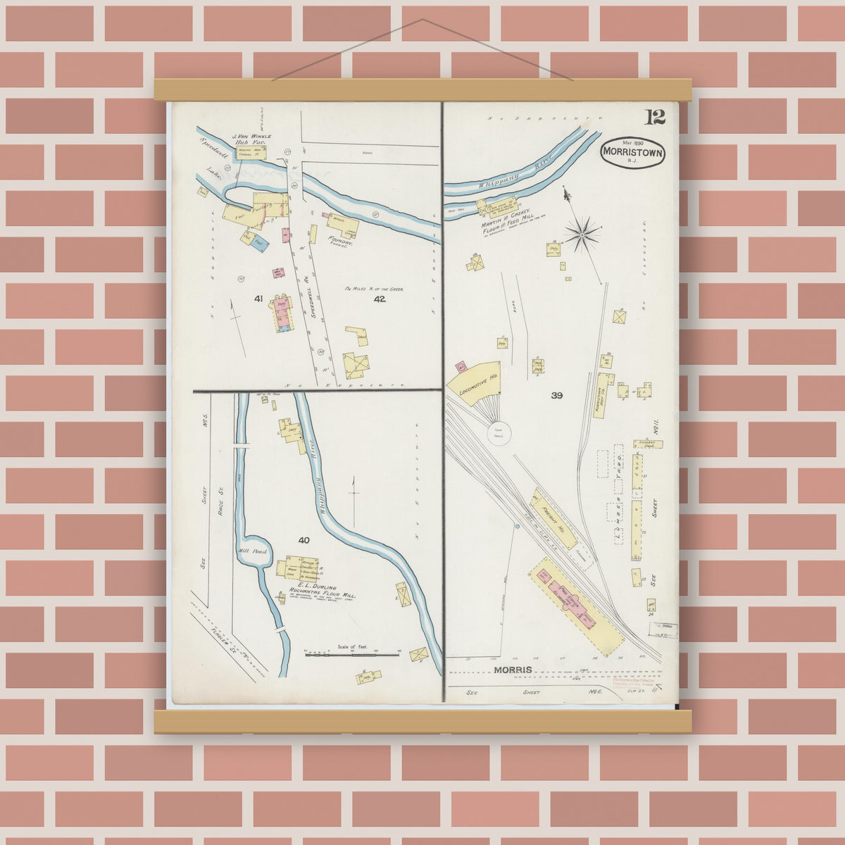 Old map wall art mockup — magnetic wood frame on brick wall — Sanborn Fire Insurance Map from Morristown, Morris County, New Jersey (1890), Sheet #0012