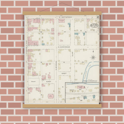 Old map wall art mockup — magnetic wood frame on brick wall — Sanborn Fire Insurance Map from Butler, Butler County, Pennsylvania (1886), Sheet #0002