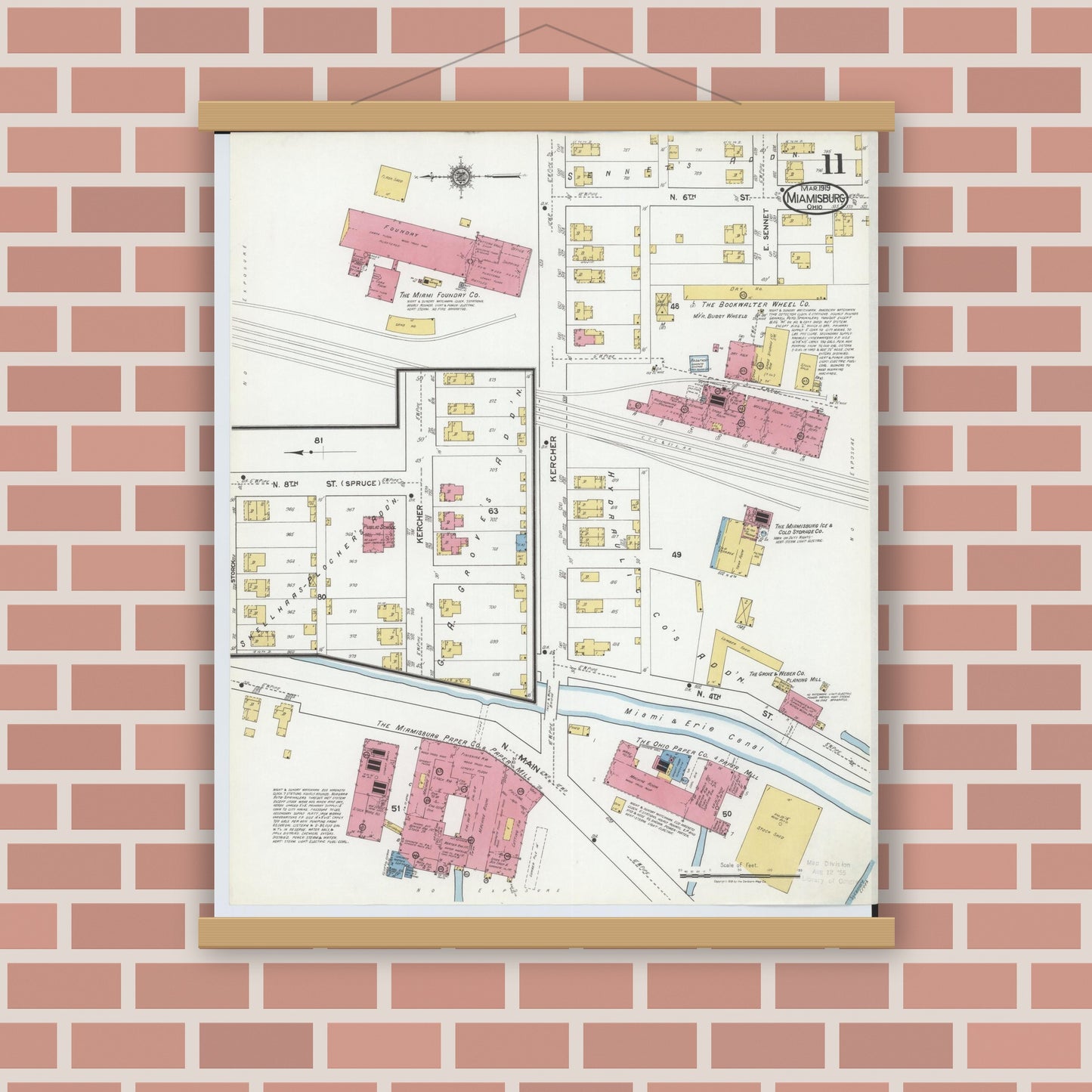 Old map wall art mockup — magnetic wood frame on brick wall — Sanborn Fire Insurance Map from Miamisburg, Montgomery County, Ohio (1919), Sheet #0011