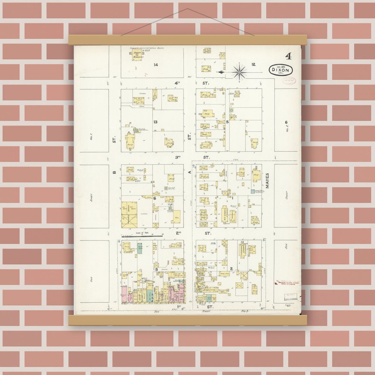 Old map wall art mockup — magnetic wood frame on brick wall — Sanborn Fire Insurance Map from Dixon, Solano County, California (1891), Sheet #0004