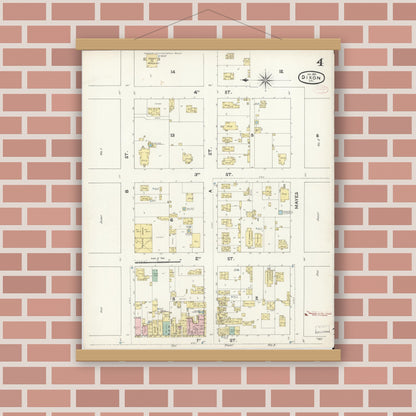 Old map wall art mockup — magnetic wood frame on brick wall — Sanborn Fire Insurance Map from Dixon, Solano County, California (1891), Sheet #0004