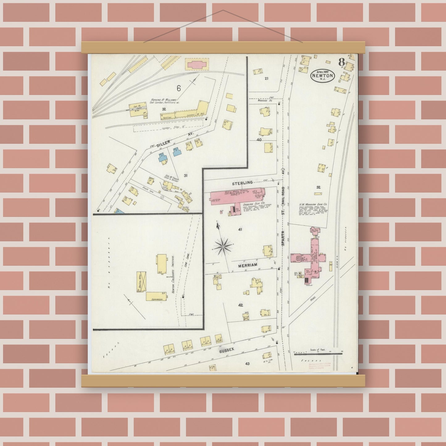 Old map wall art mockup — magnetic wood frame on brick wall — Sanborn Fire Insurance Map from Newton, Sussex County, New Jersey (1897), Sheet #0008