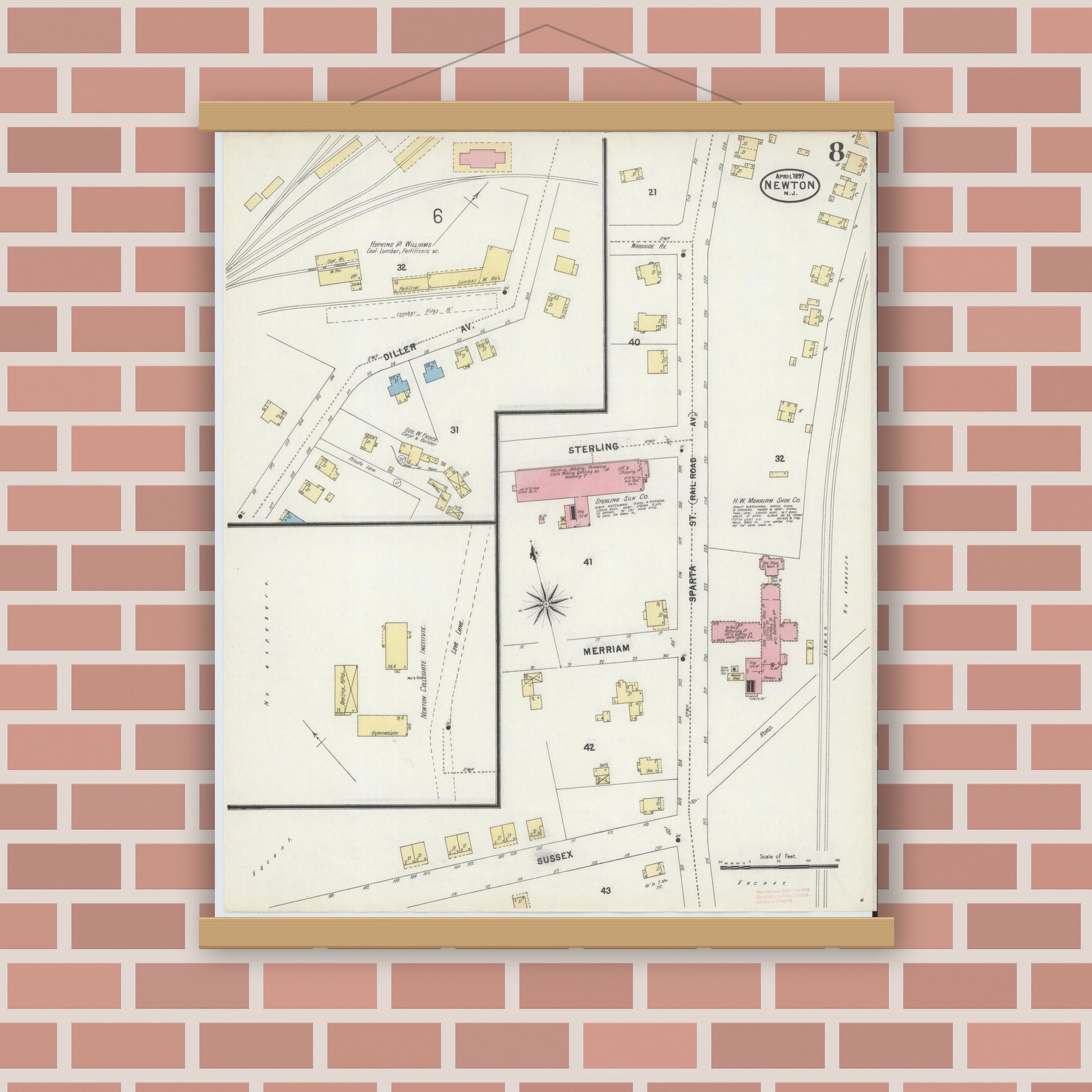 Old map wall art mockup — magnetic wood frame on brick wall — Sanborn Fire Insurance Map from Newton, Sussex County, New Jersey (1897), Sheet #0008
