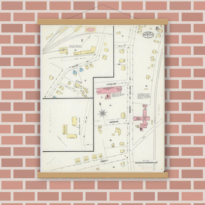 Old map wall art mockup — magnetic wood frame on brick wall — Sanborn Fire Insurance Map from Newton, Sussex County, New Jersey (1897), Sheet #0008
