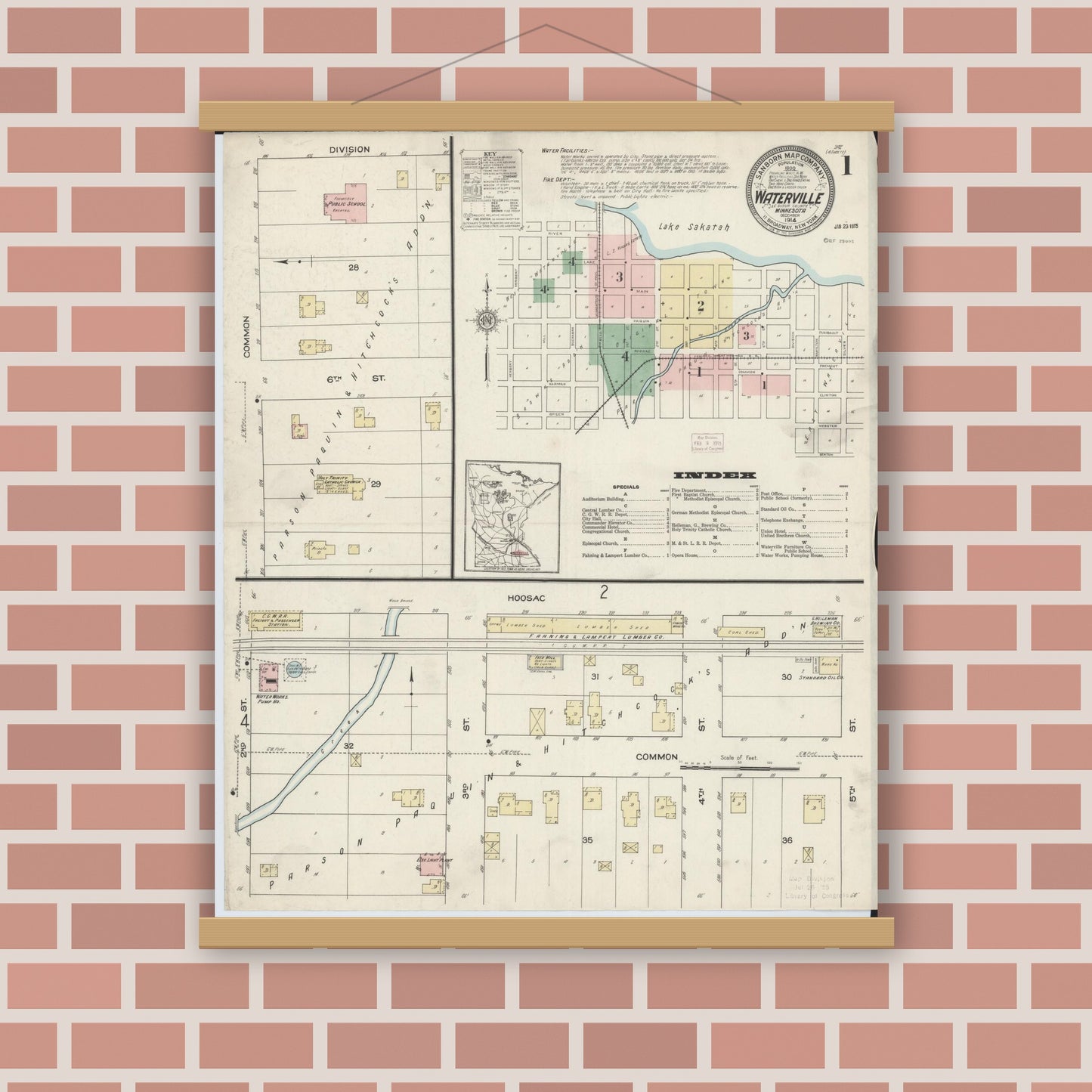 Old map wall art mockup — magnetic wood frame on brick wall — Sanborn Fire Insurance Map from Waterville, Le Sueur County, Minnesota (1914) - Complete Map Set