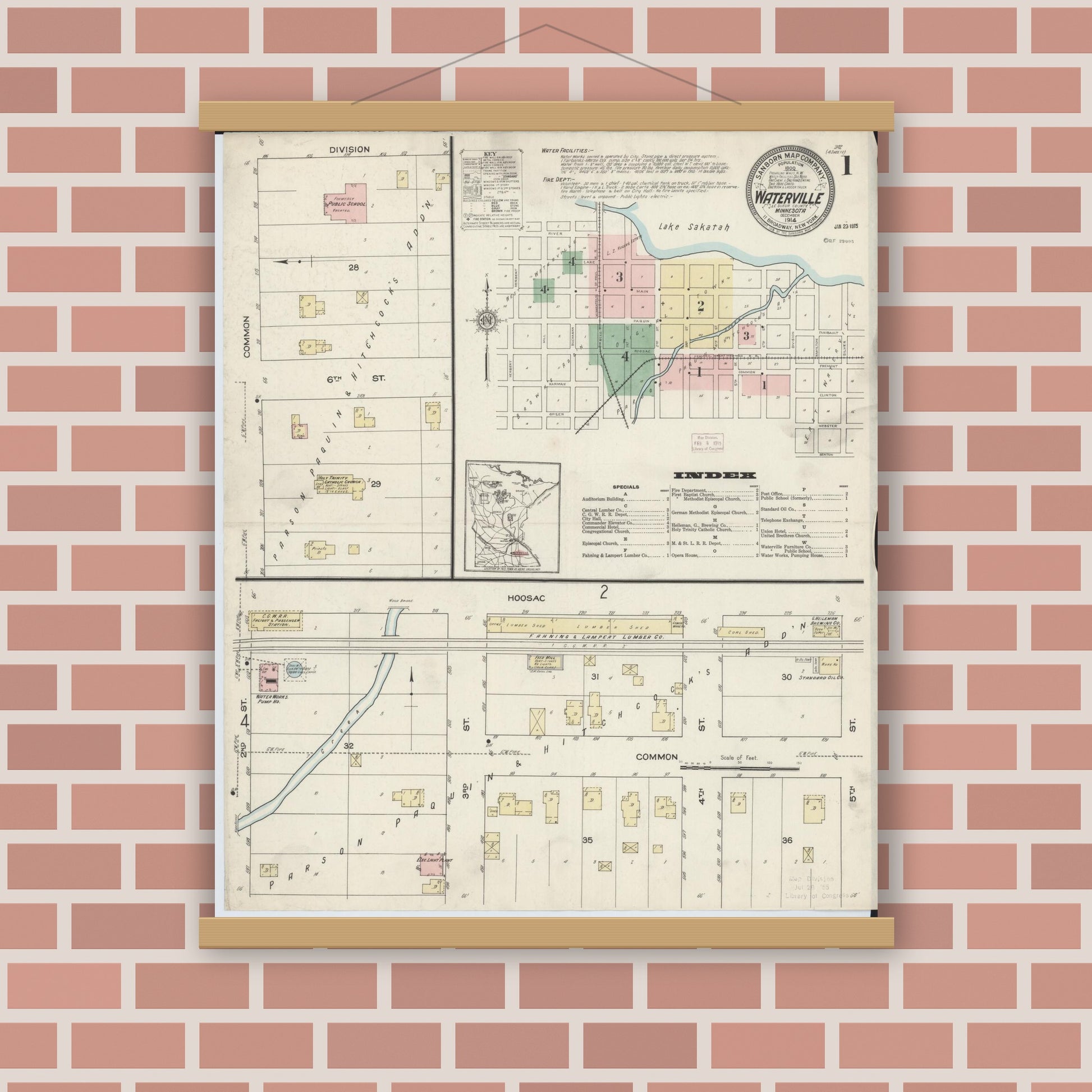 Old map wall art mockup — magnetic wood frame on brick wall — Sanborn Fire Insurance Map from Waterville, Le Sueur County, Minnesota (1914) - Complete Map Set