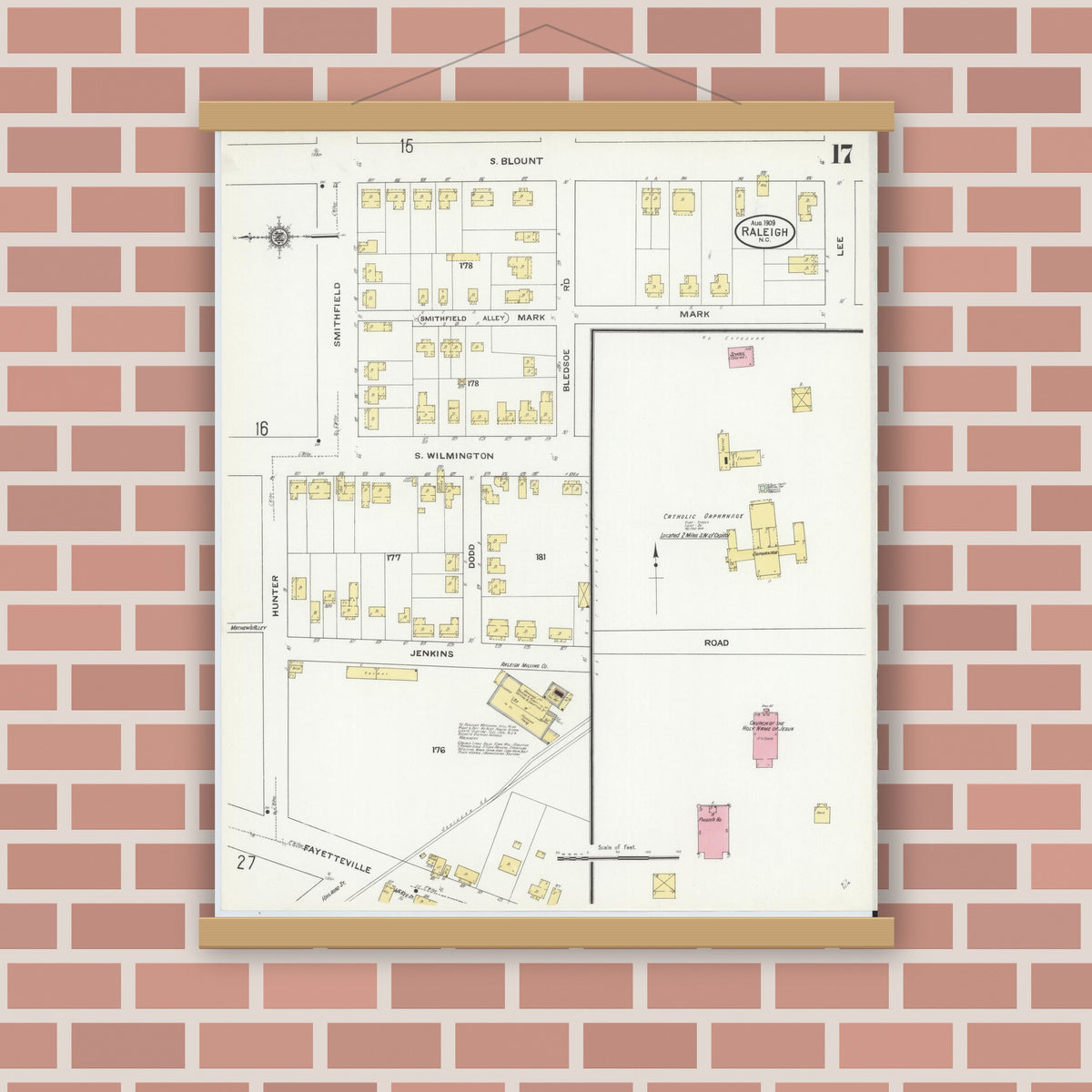 Old map wall art mockup — magnetic wood frame on brick wall — Sanborn Fire Insurance Map from Raleigh, Wake County, North Carolina (1909), Sheet #0017