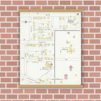 Old map wall art mockup — magnetic wood frame on brick wall — Sanborn Fire Insurance Map from Raleigh, Wake County, North Carolina (1909), Sheet #0017