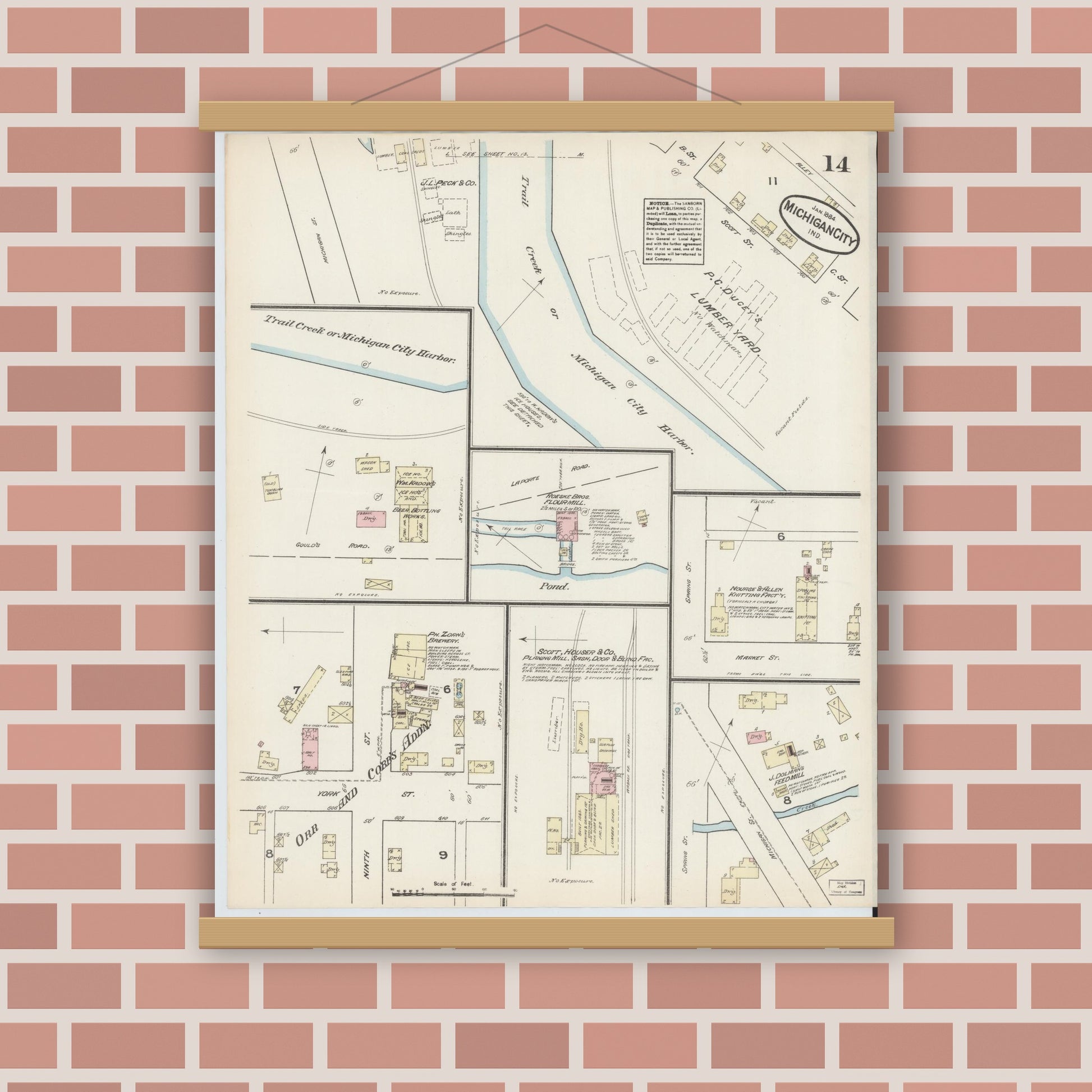 Old map wall art mockup — magnetic wood frame on brick wall — Sanborn Fire Insurance Map from Michigan City, La Porte  County, Indiana (1884), Sheet #0014