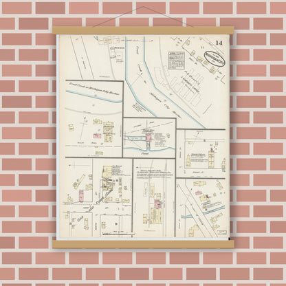 Old map wall art mockup — magnetic wood frame on brick wall — Sanborn Fire Insurance Map from Michigan City, La Porte  County, Indiana (1884), Sheet #0014