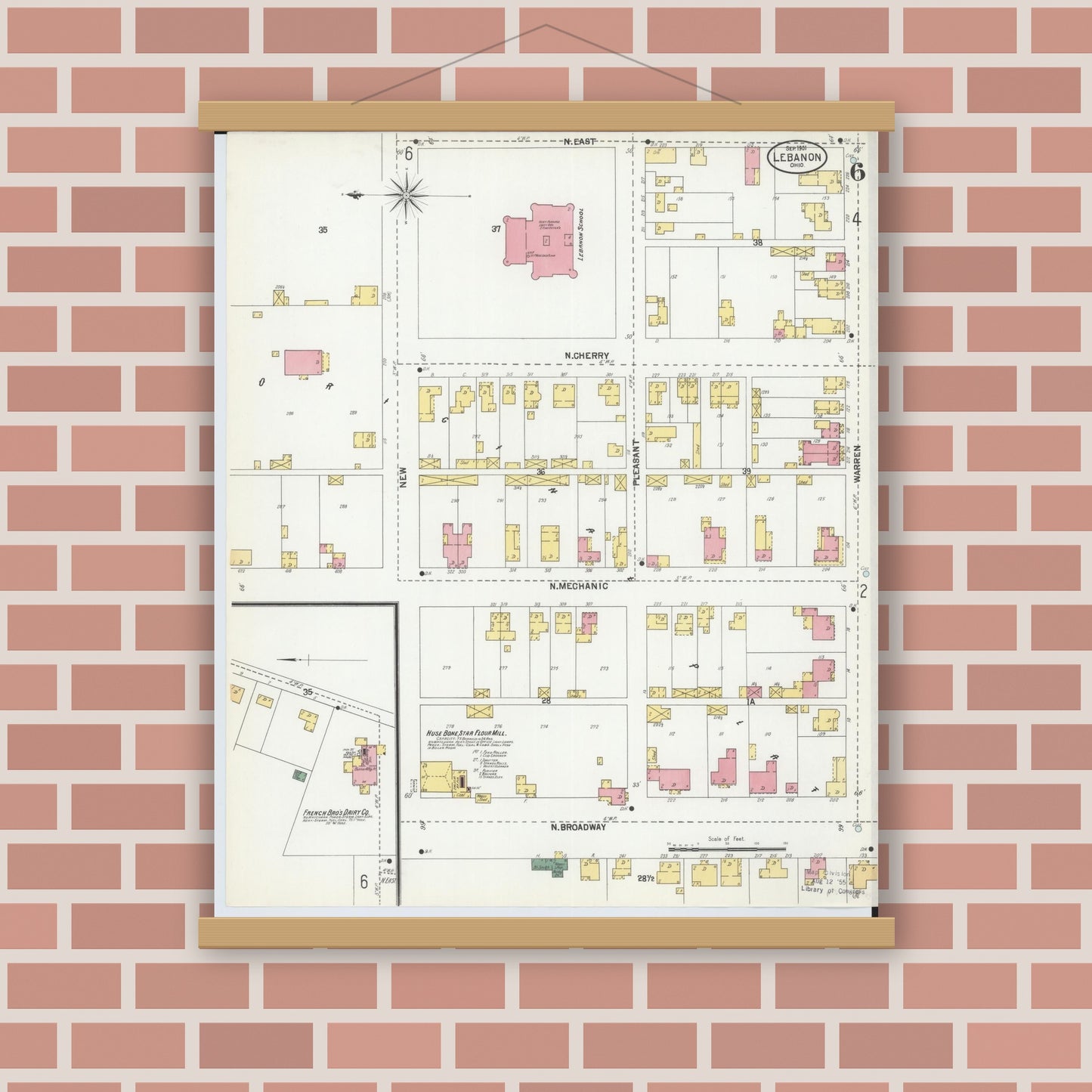 Old map wall art mockup — magnetic wood frame on brick wall — Sanborn Fire Insurance Map from Lebanon, Warren County, Ohio (1901), Sheet #0006