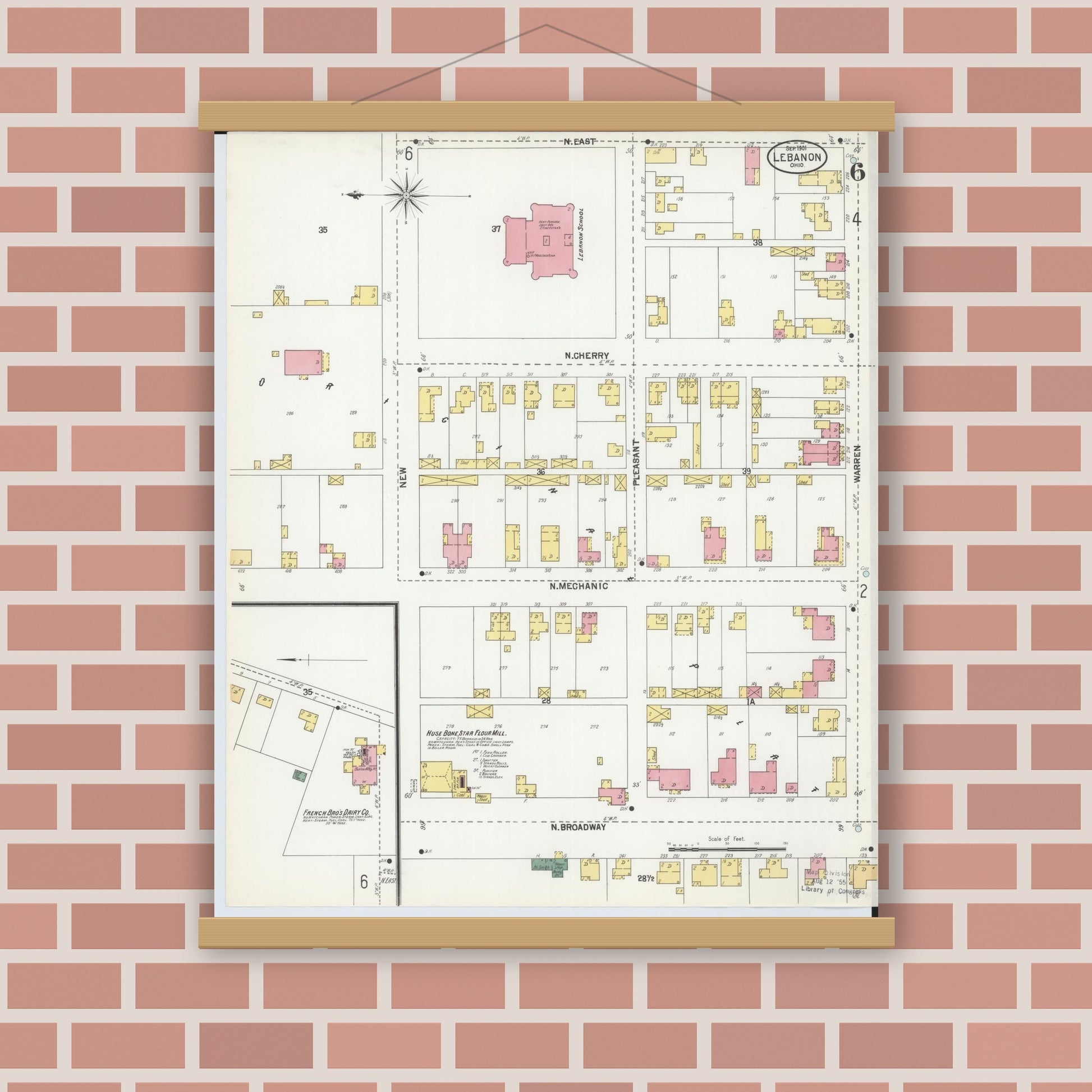 Old map wall art mockup — magnetic wood frame on brick wall — Sanborn Fire Insurance Map from Lebanon, Warren County, Ohio (1901), Sheet #0006