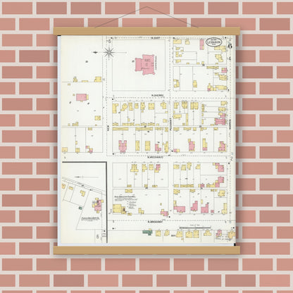 Old map wall art mockup — magnetic wood frame on brick wall — Sanborn Fire Insurance Map from Lebanon, Warren County, Ohio (1901), Sheet #0006