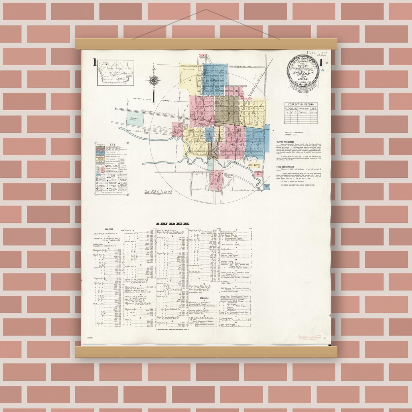 Old map wall art mockup — magnetic wood frame on brick wall — Sanborn Fire Insurance Map from Spencer, Clay County, Iowa (1946) â€” Complete Set