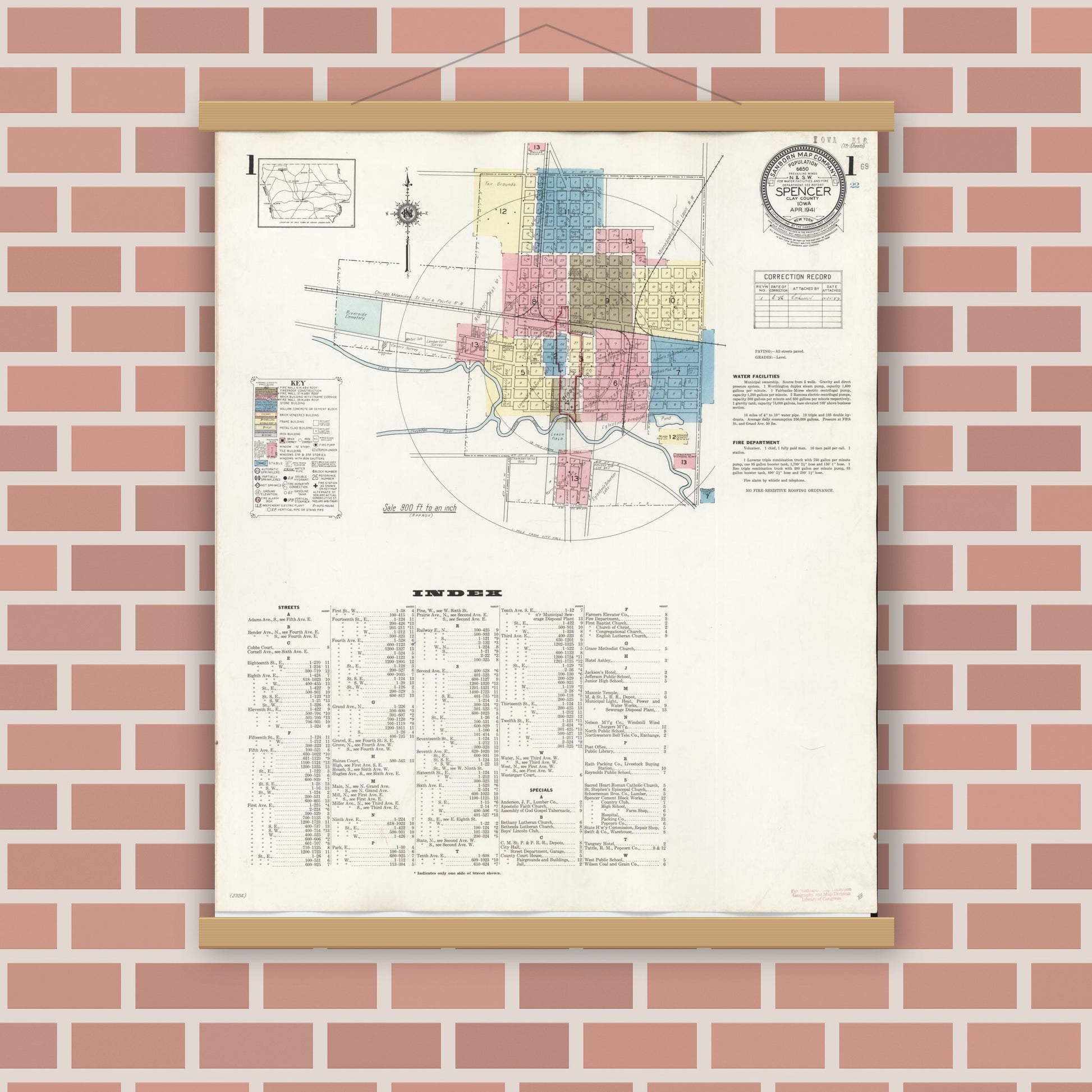 Old map wall art mockup — magnetic wood frame on brick wall — Sanborn Fire Insurance Map from Spencer, Clay County, Iowa (1946) â€” Complete Set